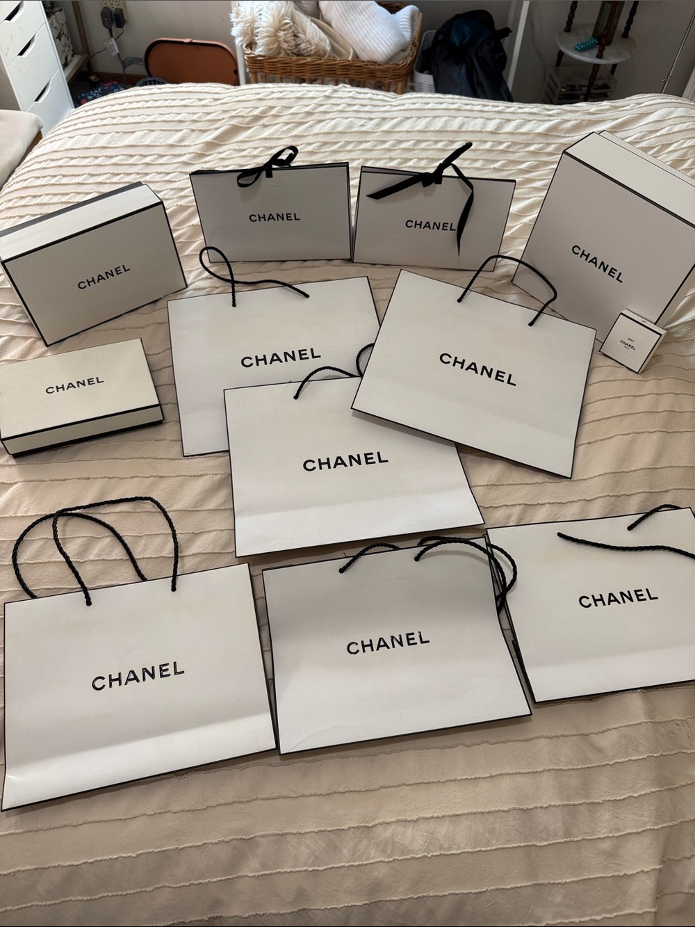 Authentic CHANEL White Shopping Bags and Boxes with Black Logo